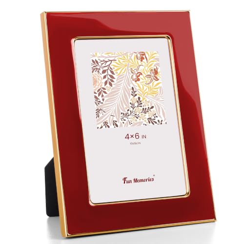 Fun Memories 4x6 Enamel Picture Frame with HD-Tempered Glass Gold Metal Edge with Easel Vertical & Horizontal Display Wall and Tabletop Display Family Photo Gallery (Red Enamel 1P)