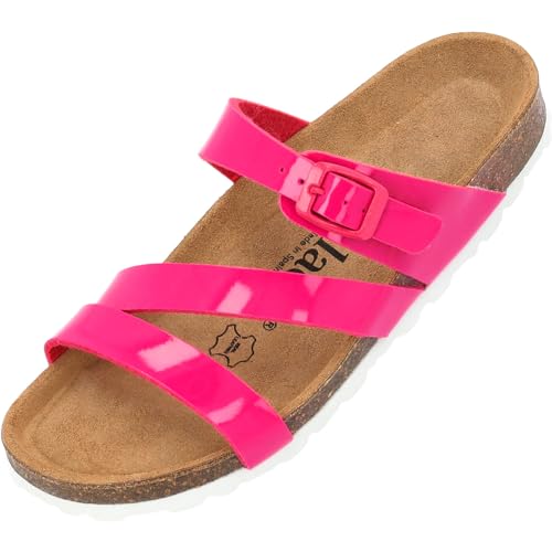 Palado Pantoletten Damen Ikaria – bequeme Sandalen Made in Spain - Hausschuhe mit dämpfendem Kork-Fußbett - modische Sommerschuhe Pink Lack UK6 - EU39