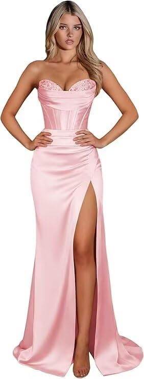 Glitter Strapless Prom Dresses for Teens 2026 Long Satin Bridesmaid Dress Mermaid Pageant Party Gowns with Slit KO062 - Image 8