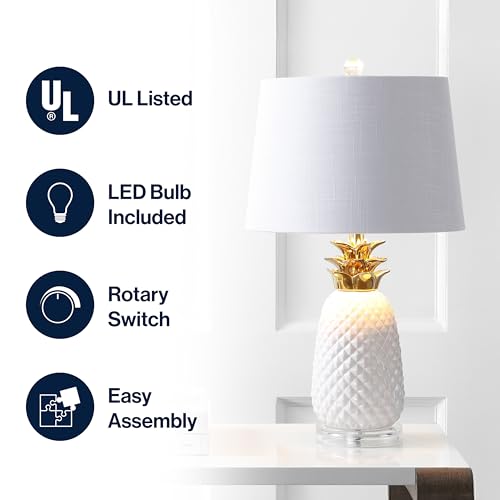 JONATHAN Y 23" White/Gold Pineapple Ceramic Table Lamp for Bedroom Decor, Modern Whimsical Bedside Nightstand Lamp with White Linen Drum Shade and LED Bulb (JYL4019C) by JONATHAN Y - Used condition - Image 2