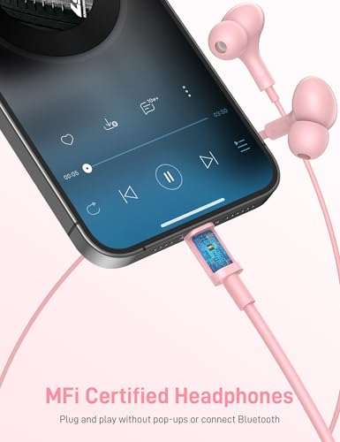 iMangoo for MFi-Certified Lightning Wired Earbuds for Apple, Magnetic in Ear Buds Headphones with HiFi Bass,3 Ear Tips Mic Corded Earphones for Gym, Commuting for iPhone 14 Plus 13 12 11 Pro Max Pink