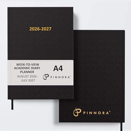 Image of Pinnora A4 Black Academic Diary 2026-2027 Week to View, Hard Cover, August - July Dated Academic Planner, Ideal Student & Teacher Planner 2026-27, University, Revision, Study, To-Do Lists