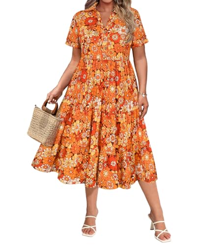 Image of CARCOS Plus Size Dresses for Curvy Women Collared Vneck Short Sleeve Dresses Midi Summer Ruffle Dress with Pocket XL-5XL