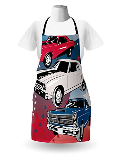 Lunarable Cars Apron, Pop Art Group Of Nostalgic American Muscle Cars With Stars Antique Print, Unisex Kitchen Bib Apron With Adjustable Neck For Cooking Baking Gardening, Red Beige Blue #TOP1