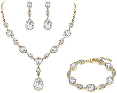 Clearine Gemstone Diamante Teardrop Wedding Bridal Costume Statement Y-Necklace Dangle Pierced Earrings Tennis Bracelet Set for Women