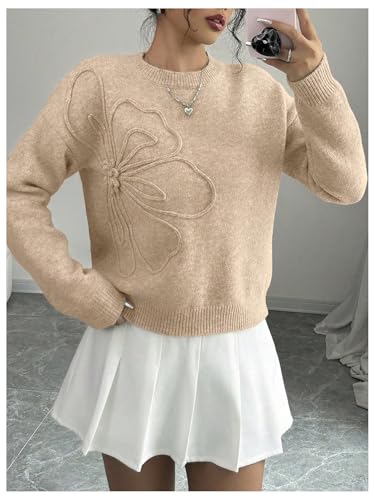 Image of RoseSeek Women's 3D Floral Appliques Crewneck Sweaters Long Sleeve Drop Shoulder Pullovers Elegant Knit Tops