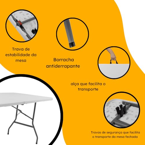 Mesa Portátil Camping Churrasco Vira Maleta Com Alça de Transporte 1,80m Branca