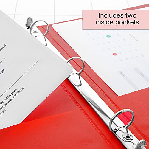 Image of BAZIC Products 1 /2 inch Red 3-Ring View Binder, Round Ring, 2 Pockets | round rings, 1 /2 in Red view 3-ring binder, 2 inside pockets, holds up to 100 sheets, Durable poly cover