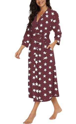 Image of VINTATRE Robes for Women Long Knit Bathrobe XS-4XL | 3 /4 Sleeve Bathrobes with Pockets, Stretchy and Lightweight Fabric, Inner Tie and Fixed Outer Matching Belt, Mid Calf Length