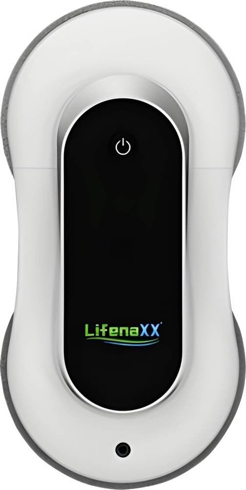 Top view of the Lifenaxx LX-055 window cleaning robot, showing the power button and Lifenaxx logo.
