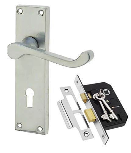 Golden Grace Victorian Scroll Door Handle Lock Set, Satin Brushed Chrome