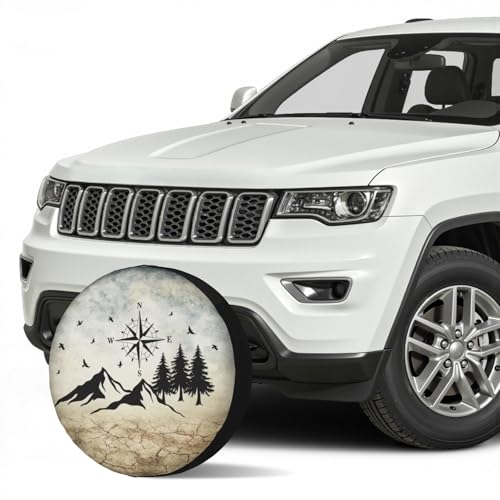 Image of Nature Mountain Land Spare Tire Cover Compass Wheel Covers 15 Inch | Earthy Yellow，Polyester，Protectors Tire Cover，Waterproof，Dust-Proof，Universal，Fit for RV Jeep SUV Motor Travel Camper Tires