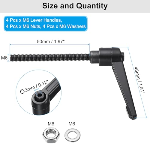 Image of uxcell 4pcs Lever Adjustable Handles M6 x 50mm Metric Male Thread with Nuts Washers, Level Clamping Handle Set Hand Stud Knobs Rotating Screw Handles Bolts with Locking Lever, Black