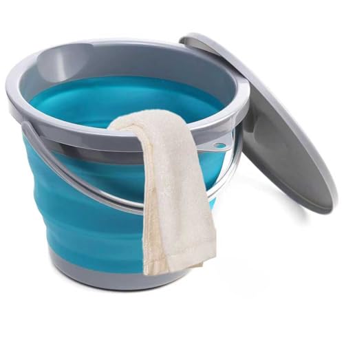 Cubo plegable de 5 l, cubo con tapa, cubo plegable de silicona, cubo pequeño con asa, para exteriores, camping, playa, coche, lavandería, baño, pesca