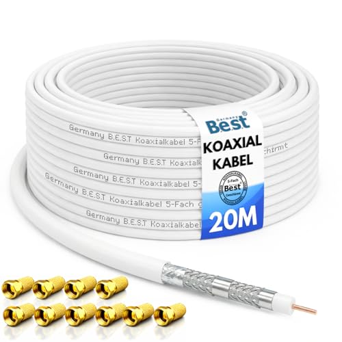 Germany B.e.s.t Koaxialkabel 20m SAT-Kabel | 4K Ultra HD | Class A+ | DVB-S/S2 DVB-C DVB-T BK Anlagen | 5Fach Geschirmt | 135dB | Antennenkabel | Koaxkabel | 10x F-Stecker