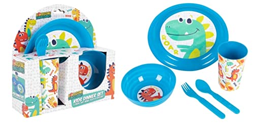 Dinosaurs - Juego de vajilla de plástico reutilizable, diseño vibrante, 5 piezas, tazón, taza y cubiertos Cover