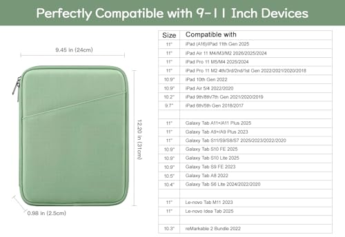 Image of Dadanism 9-11 inch Tablet Sleeve Bag Carrying Case for iPad (A16) 11th Gen 11 inch, iPad 10th Gen 10.9 inch Air 5 /4, iPad Air M4 /Pro 11 inch, iPad 9 /8 /7th, Galaxy Tab A11+ Plus 11 inch, Remarkable 2 10.3 inch, Dark Green