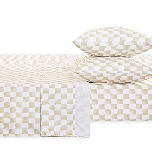 Wake In Cloud - Gingham Sheet Set, 4-Piece Sheet Set, Checkered Grid Plaid Checkerboard Geometric Preppy Hand Drawn Pattern Printed Bedding, Deep Pocket, Beige White, Twin Size by Wake In Cloud - Image 2