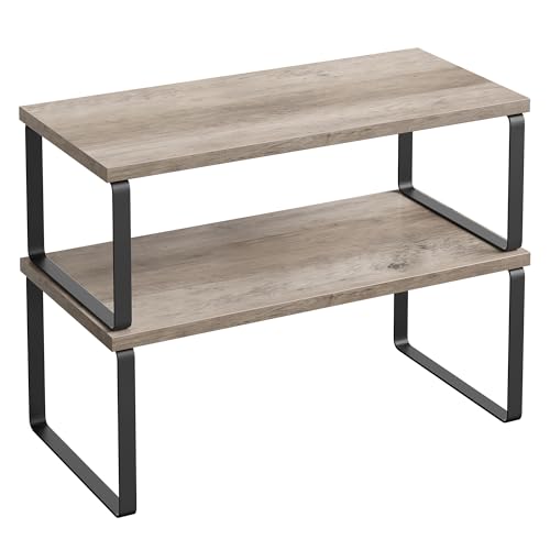 SONGMICS Cabinet Organizer Shelf, Set of 2 Kitchen Counter Shelves, Kitchen Storage, Spice Rack, Stackable, Expandable, Metal and Engineered Wood, Ink Black and Heather Greige UKCS200X02 by SONGMICS - Used condition - US$28.66