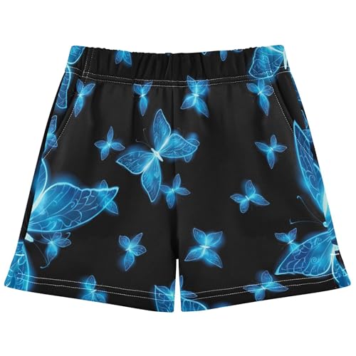 Girls Glowing Blue Butterflies Black Cute Athletic Summer Pajama Sleepwear Youth Comfy Casual Pattern Print, X-Small