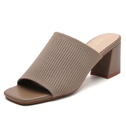 Image of Tilocow Knit Heeled Sandals for Women Square Open Toe Heeled Mules Chunky Block Low Heel Slip On Slides