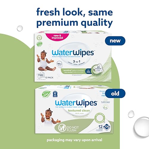 WaterWipes Sensitive+ Baby & Toddler Wipes, 3-In-1 Cleans, Cares, Protects, 99.9% Water, Textured Clean, Unscented & Hypoallergenic, 720 Count (12 Packs)