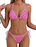 Tainehs Women's Sexy Halter Bikini Set Triangle Top String Swimwear Two Piece Swimsuits Cheeky Bathing Suit Pink