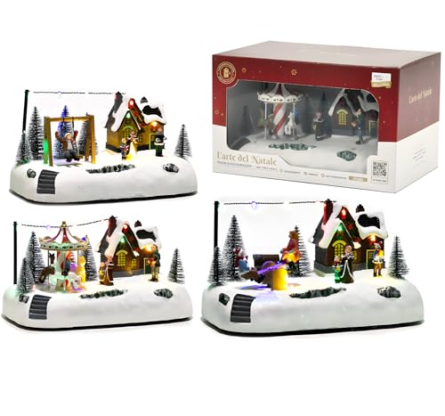EMPOTEC Scena Paesaggio Villaggio Natalizio Innevato Parco Giochi Movimento Luci LED e Suoni Musiche Natalizie Decorazione Clarion Addobbo Idee Regalo Natale 26x16x14cm 3 Scene Assortite (1pz)