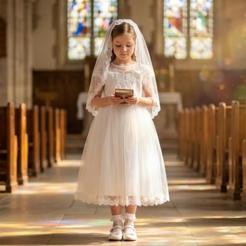 LalaMira Girls White Lace First Communion Dress with Veil - Tulle Flower Girl Wedding Dress with Pearl Button Back & Satin Bow White-6 Years - Thumbnail 2