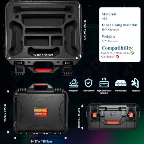 FACFUEL Switch 2 Case, All-In-One Carrying Case for Nintendo Switch 2 System (2025), Waterproof Hard Shell Travel Organizer Box with EVA Lining, Holds Console, Dock, Pro Controller and Accessories - Image 3