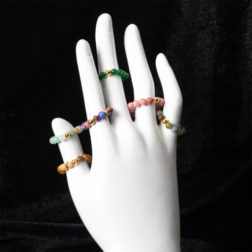 6pcs Natural Gemstone Beads Elasticity Finger Rings Set 4mm Stone Copper Beads Elastic Rings Jewelry for Women Men4