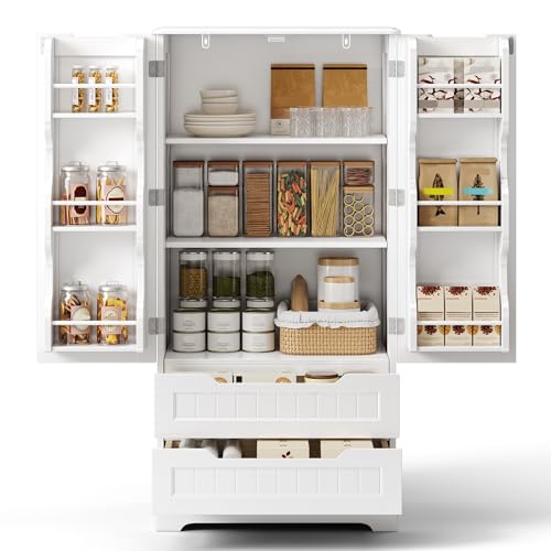 Bealife Hochschrank, Küchenbuffet mit 2 Schubladen und 2 Türen, Freistehender Küchenschrank für Küche, Esszimmer und Wohnzimmer, Weiß Bealife Hochschrank, Küchenbuffet mit 2 Schubladen und 2 Türen, Freistehender Küchenschrank für Küche, Esszimmer und Wohnzimmer, Weiß