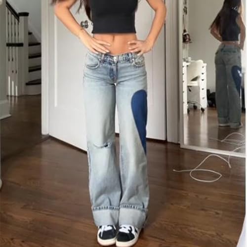Women Trendy Wide-Leg Jeans Aesthetic Heart Print High Waist Ripped Baggy Denim Pants Y2K Grunge Fall Clothes2
