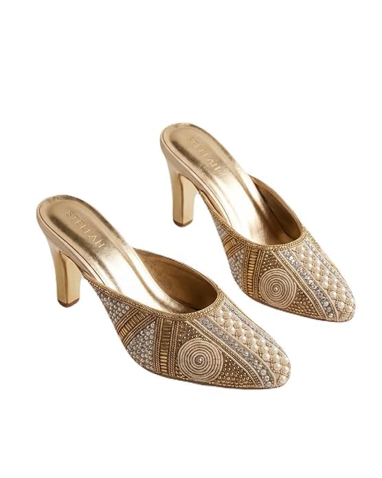 STELLAH Women’s Gold Ethnic Embellished Block Heel Mules for Women | Handcrafted Rhinestone & Pearl Embroidery Slip-On Heels | Wedding, Festive & Traditional Footwear-picture-42