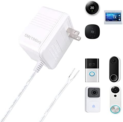 UAUSE Doorbell Transformer 24V Adapter,C Wire Adapter Thermostat, 16.4ft(196") Long Power Supply, Compatible with Ring, Nest Hello, Wyze and Eufy Wired Video Doorbells
