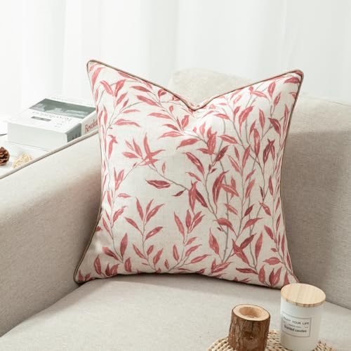 VOGOL Home Decorative Throw Pillow Covers, 20 x 20 Inch Farmhouse Pink Leaves Pattern Throw Pillowcases with Piping Edge, Square Cushion Covers for Living Room, 1 Piece