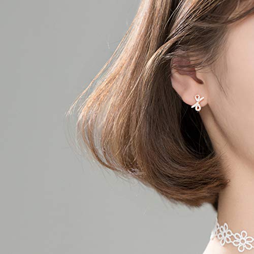 Chic Bow Knot Small Hoop Earrings S925 Sterling Silver For Women Teen Girls Dainty Crystal Cz Rhinestone Butterfly Round Huggie Hinged Hoops Cartilage Earring 10Mm Hypoallergenic Gifts (Rose Gold) #TOP1