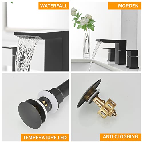 Hoimpro 3 Holes 8 Inch Widespread Bathroom Faucet, Waterfall Two Handles Bathroom Sink Faucet With Pop Up Drain, Bathroom Sink Faucet With Cupc Supply Hoses, Stainless Steel, Matte Black #TOP7
