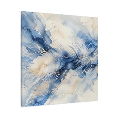 Décoration murale salon plume bleue et or grand format carré 80x80