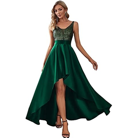 Ever-Pretty Vestido de Fiesta para Mujer Largo Escote en V Elegant Alta Baja Verde Oscuro Cover