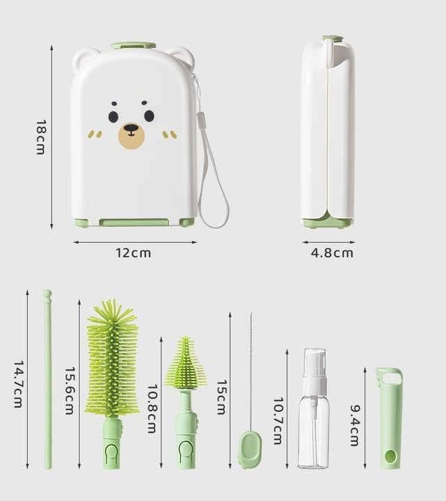 Image of TONY STARK Baby Non-Toxic, Bottle Cleaning Brushes Set with Stand for Baby Milk Bottle, Nipple, Straw,Silicone Bristle Bottle Cleaner Brush for Movable Cleaning (Willow Bear (Green))