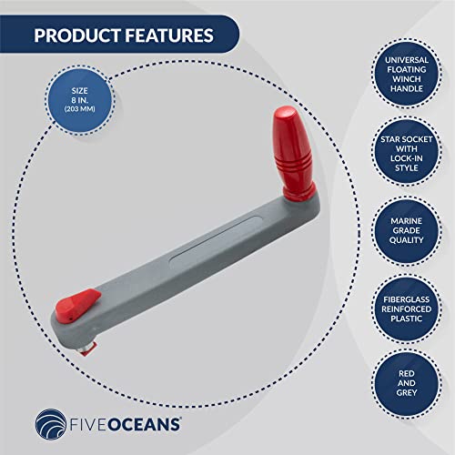 Five Oceans Fo3923 Universal Floating Lock-In Style Winch Handle, 8 Inches (203 Mm), Fiberglass Reinforced Plastic, Ball Bearing Grip Handle, Grey And Red #TOP1