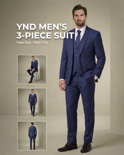 Image of YND Men's 3 Piece Suit with Tie, Solid Color Slim Fit Jacket Vest and Pants