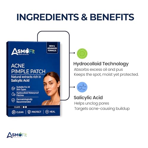 Image of ASMOFIT Acne Pimple Patch for Face | 72 Hydrocolloid Pimple Patches | 2 Percent Salicylic Acid | Invisible Waterproof Acne Patches for Whiteheads | Day and Night Use