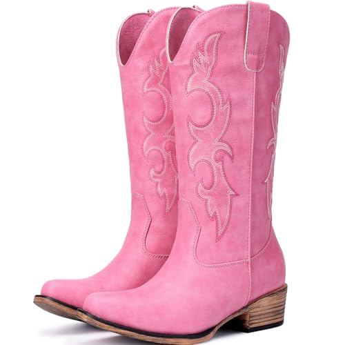 Choiran Pink Cowboy Boots for Women - Embroidered Cowgirl Carter Outfits Boots Western Mid Calf Fashion Chunky Heel Pointed Toe Country Boot 8