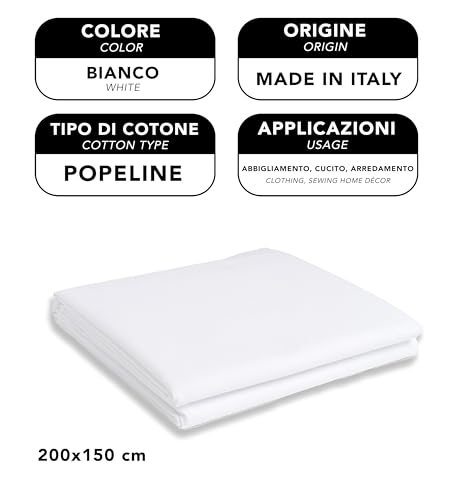 IPEA Baumwollstoff Popeline Weiß - 200 cm x 150 cm - Made in Italy - Meterware zum Nähen, Bekleidung, Futter, Wohnaccessoires, Patchwork, einfarbiger Stoff zum Nähen