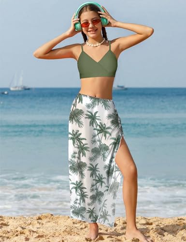 Shallmu Girls Swimsuit Bikini Set 3 Piece Tropical Print Bathing Suit Quick Dry Cover Up Skirt Swimwear 7-16Y2