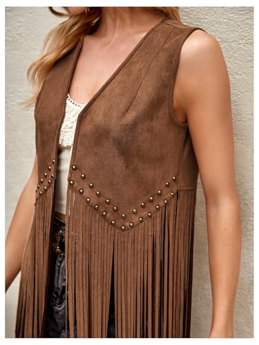 OYOANGLE Women's Boho Studded Fringe Long Vest Open Front 70s Hippie Western Sleeveless Jacket3