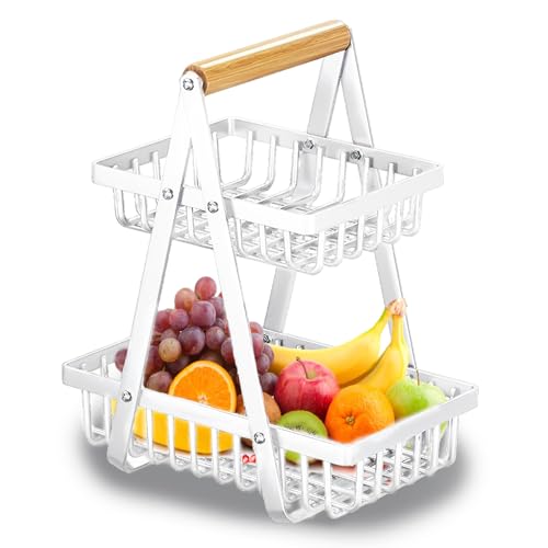 SRTFINE 2 Tier Countertop Fruit Basket with Wood Handle, Kitchen Storage Organizer for Fruits, Vegetables, Bread, Snacks - Detachable Rectangular Basket for Pantry, Dining Table (White)