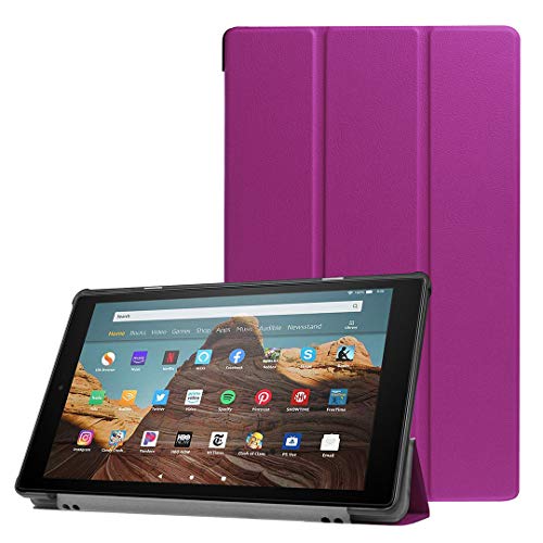 SATURCASE Case for Amazon Fire HD 10 2019 Released (9th Generation), PU Leather Flip Foldable Folio Stand Protective Tablet Cover with Auto Sleep/Wake Function (Purple)